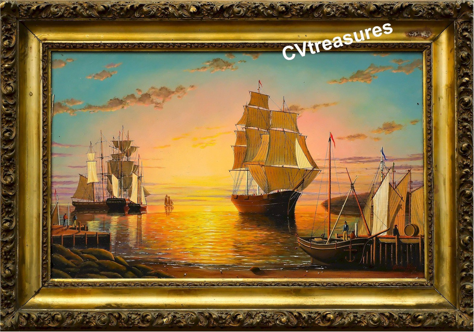 Nautical Art Seascape STUNNING Schooner Oil Marine Painting Jerome Howes dusk harbor