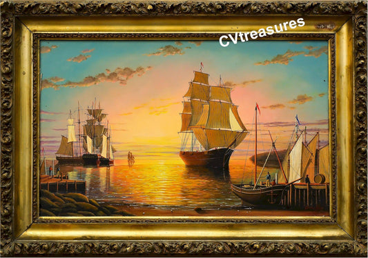 Nautical Art Seascape STUNNING Schooner Oil Marine Painting Jerome Howes dusk harbor