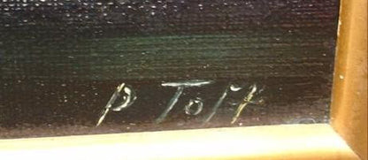 P. Toft "Ships on Sunset Ocean" Seascape Marine Art Painting Early - 20th Century