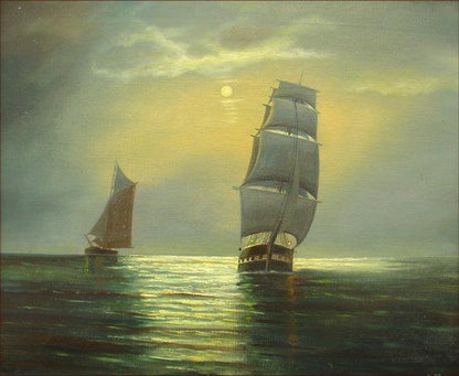 P. Toft "Ships on Sunset Ocean" Seascape Marine Art Painting Early - 20th Century