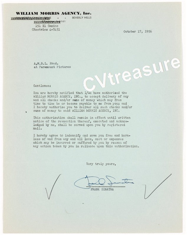 Rare Historical Autograph FRANK SINATRA SIgned Autographed William Morris Agency Contract 1956