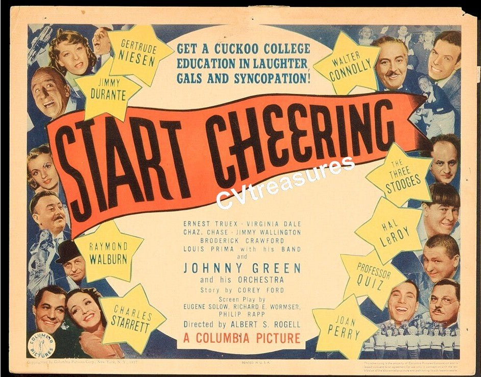 START CHEERING - THREE STOOGES Rare Original Authentic Vintage TITLE Lobby Card movie theater poster 1937 (Copy)