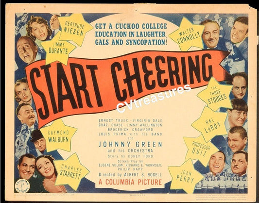 START CHEERING - THREE STOOGES Rare Original Authentic Vintage TITLE Lobby Card movie theater poster 1937 (Copy)