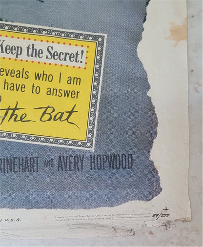 The Bat Original Authentic Vintage Horror Movie Poster One Sheet Vincent Price, Agnes Moorehead