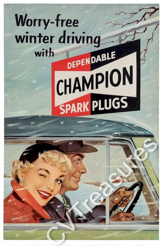 Vintage Auto Advertising Poster Champion Spark Plugs Classic Car Poster Art 1950s A++