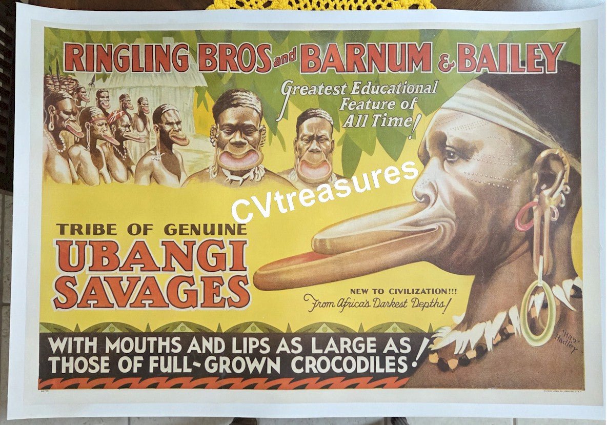 Vintage Circus Poster Ringling Brothers Barnum Bailey Human Oddities Ubangi Savages One Sheet w/Rare Date Tail Hap Hadley 1930 A++ Linen backed