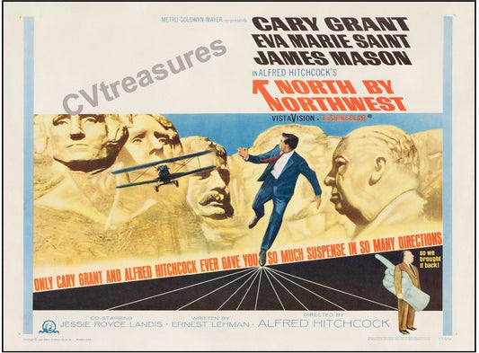 Vintage Hitchcock Original Movie Poster Half Sheet NORTH BY NORTHWEST Alfred Hitchcock Cary Grant