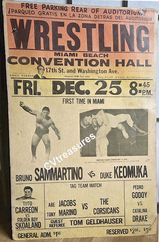 WWWF Original Wrestling WWWF Concert Poster Sports Memorabilia Poster Bruno Sammartino RARE 1964 Miami